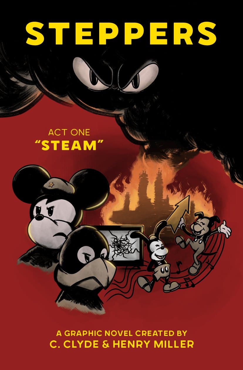 STEPPERS Vol. 1 cover: Mickey and a crow in front of a burning castle, red background, yellow title